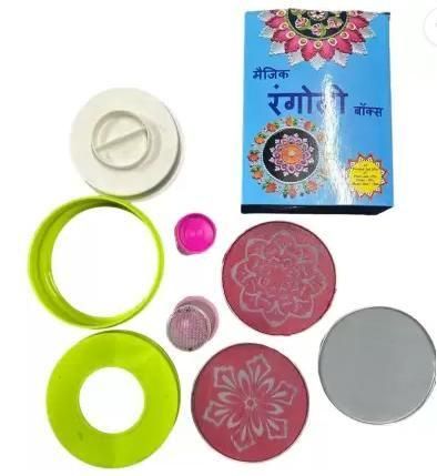 BD Rangoli Making Kit Includes Magic Tool (8 inch) Random Design Package Contains: It has 1 Rangoli Filler 1Pc, Jali 3 Pcs with 10 packets of colors