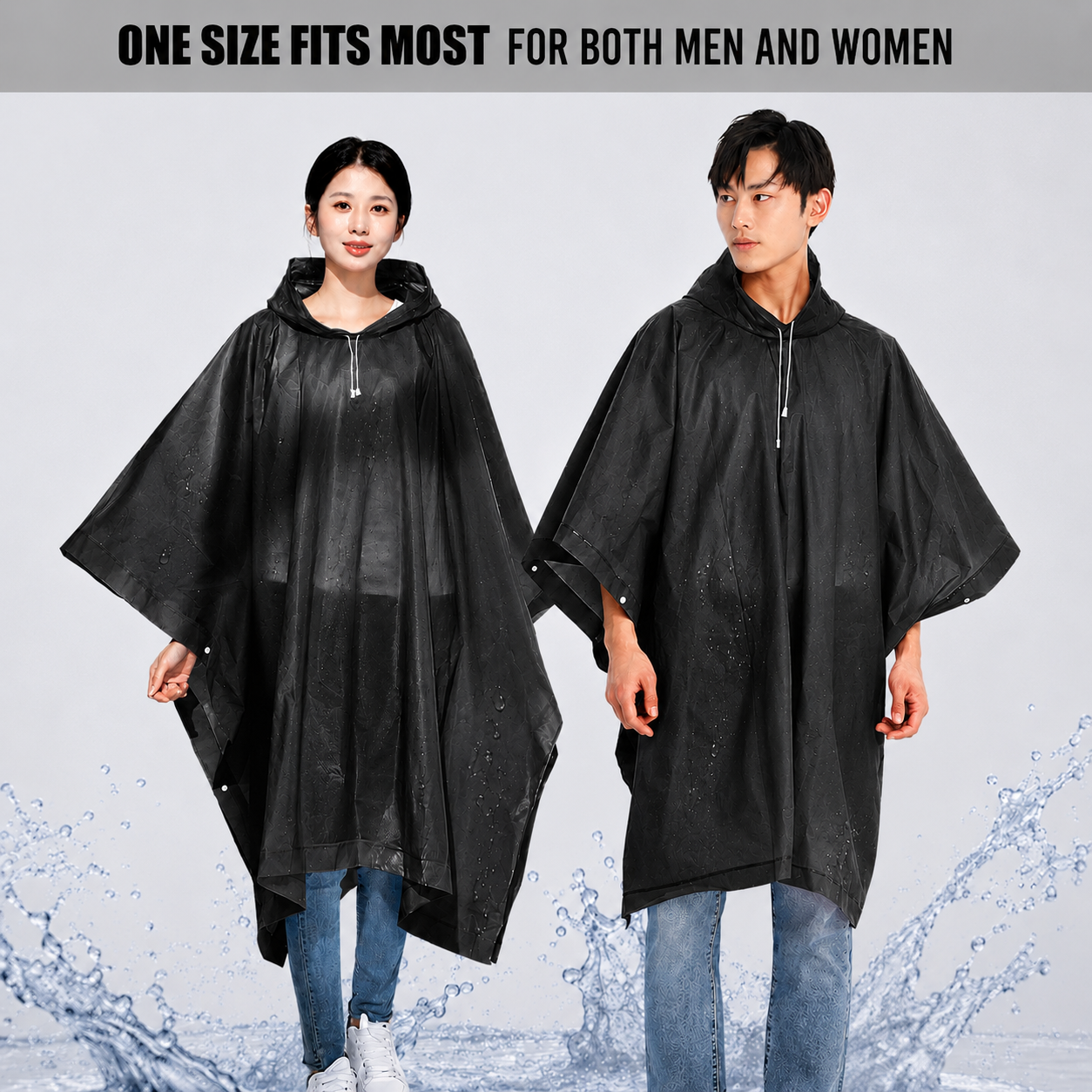 Reusable Waterproof Hooded Rain Poncho – Lightweight Unisex Rain Cape for Cycling, Hiking & Outdoor Use (Black)
