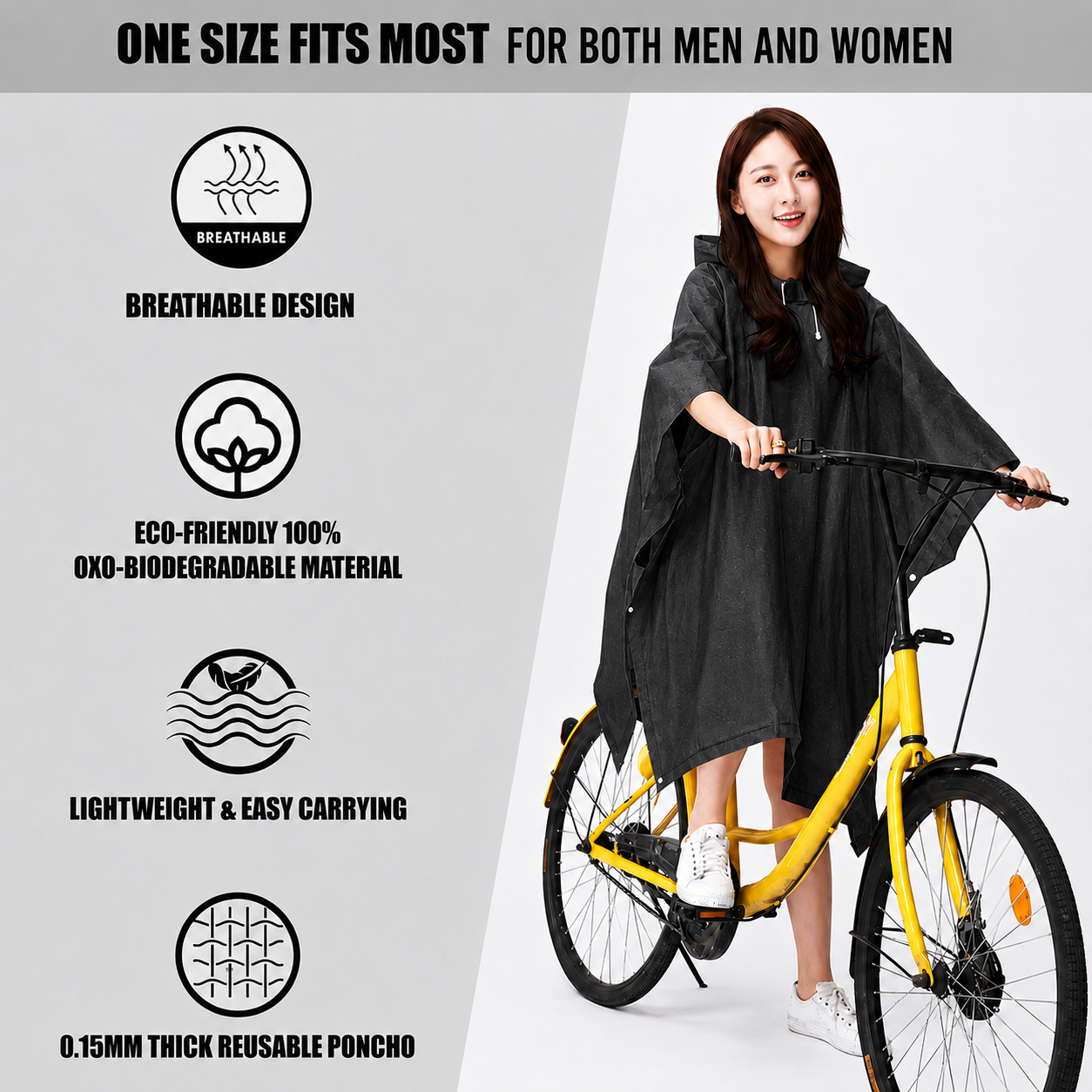 Reusable Waterproof Hooded Rain Poncho – Lightweight Unisex Rain Cape for Cycling, Hiking & Outdoor Use (Black)