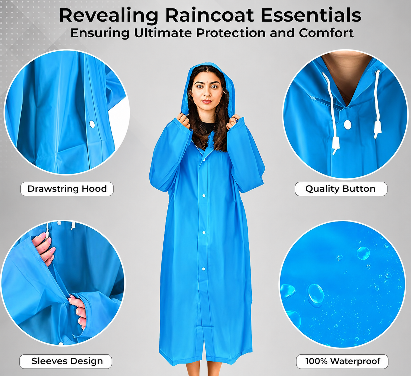 Hooded Waterproof Raincoat for Men & Women | Lightweight Full-Length Rain Poncho with Snap Buttons (Free Size)