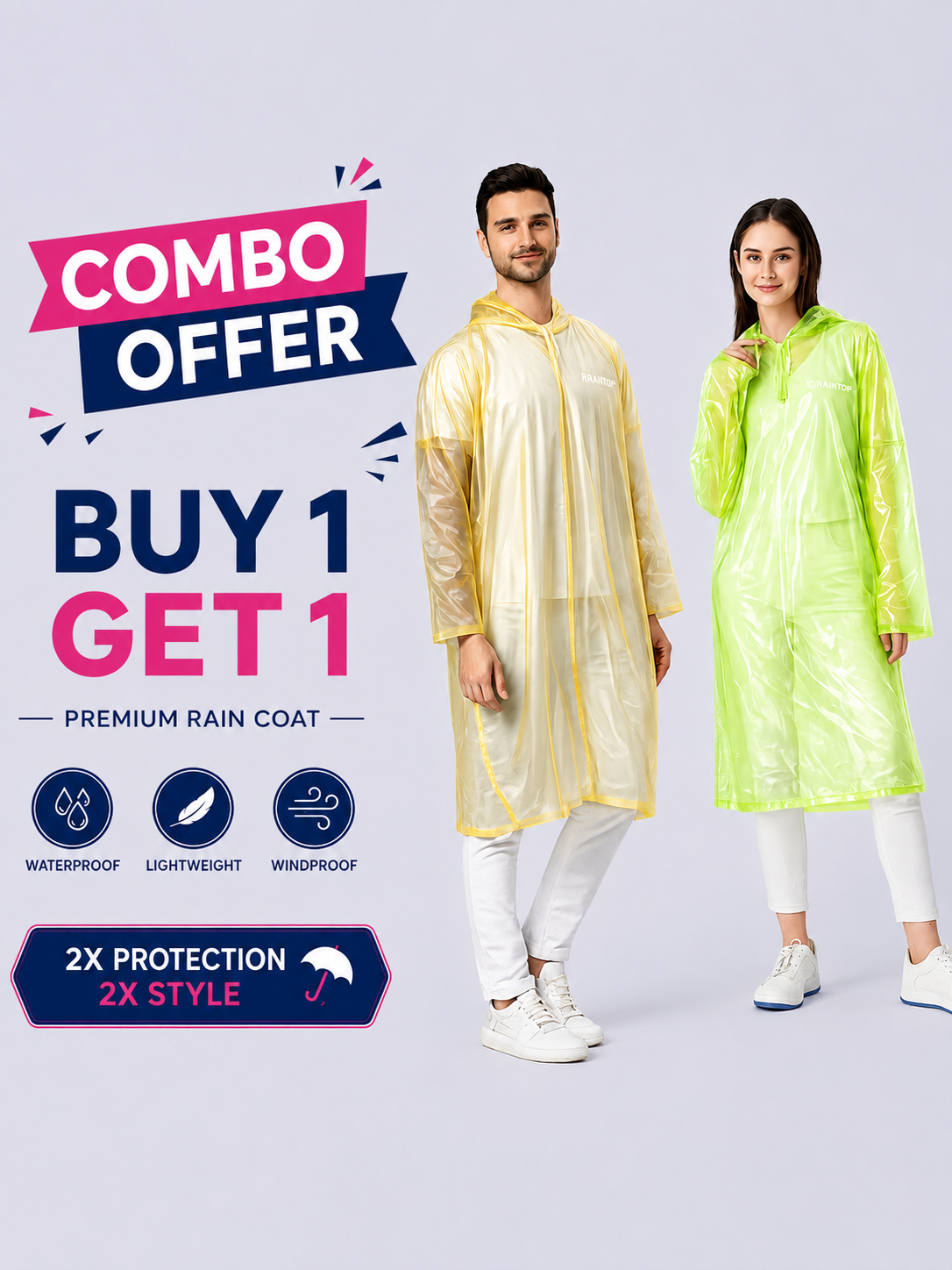 Reusable PVC Unisex Rain Poncho AZ30 – Yellow & Green Combo Offer | Buy 1 Get 1 Free Waterproof Hooded Raincoat