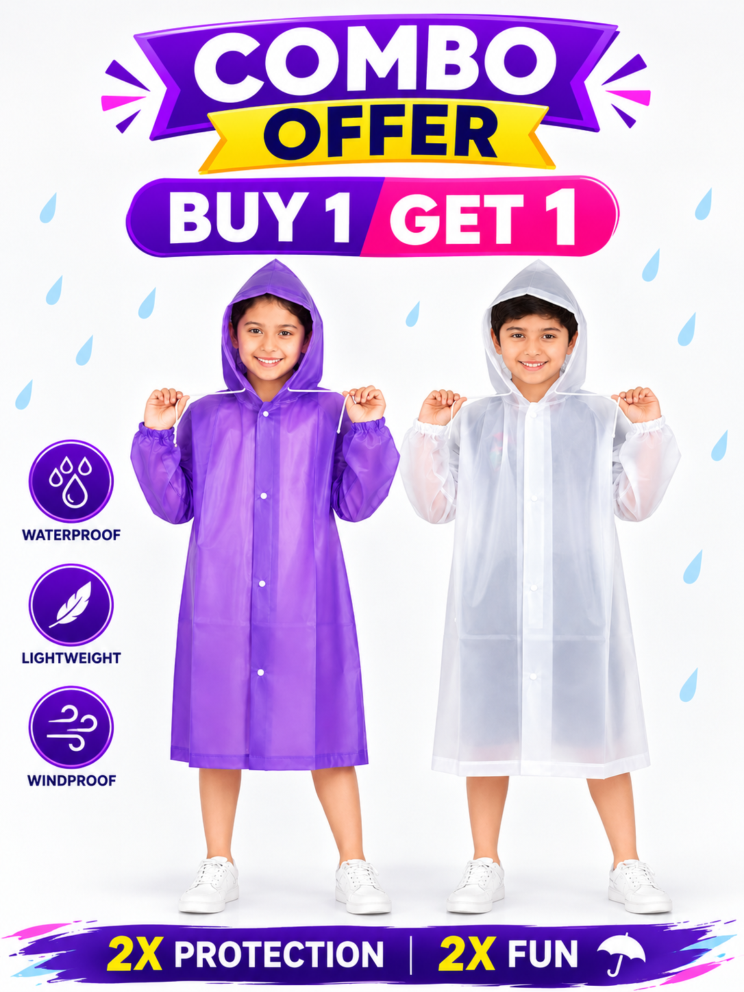 Kids Reusable EVA Raincoat with Hood – Purple & Transparent Combo Pack | Buy 1 Get 1 Free Waterproof Raincoat