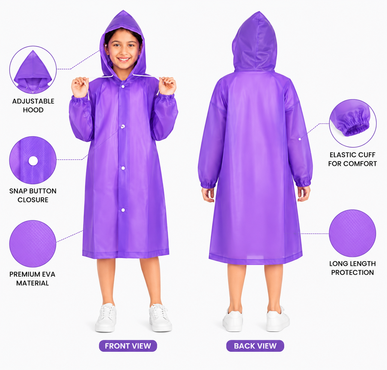 Kids Reusable EVA Raincoat with Hood – Purple & Transparent Combo Pack | Buy 1 Get 1 Free Waterproof Raincoat
