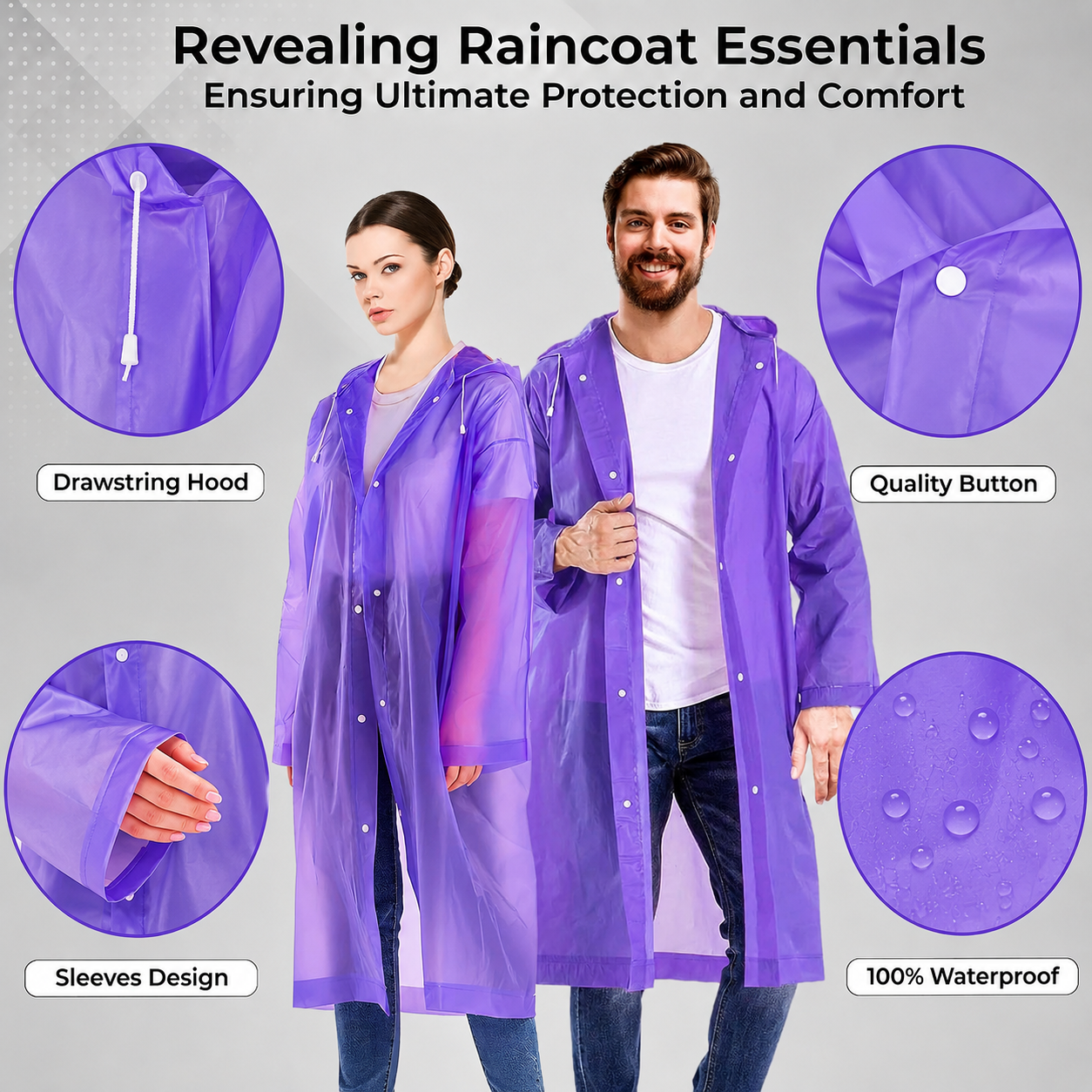 Hooded Waterproof Raincoat for Men & Women – Purple | Full-Length Lightweight Rain Coat with Drawstring Hood (Free Size)