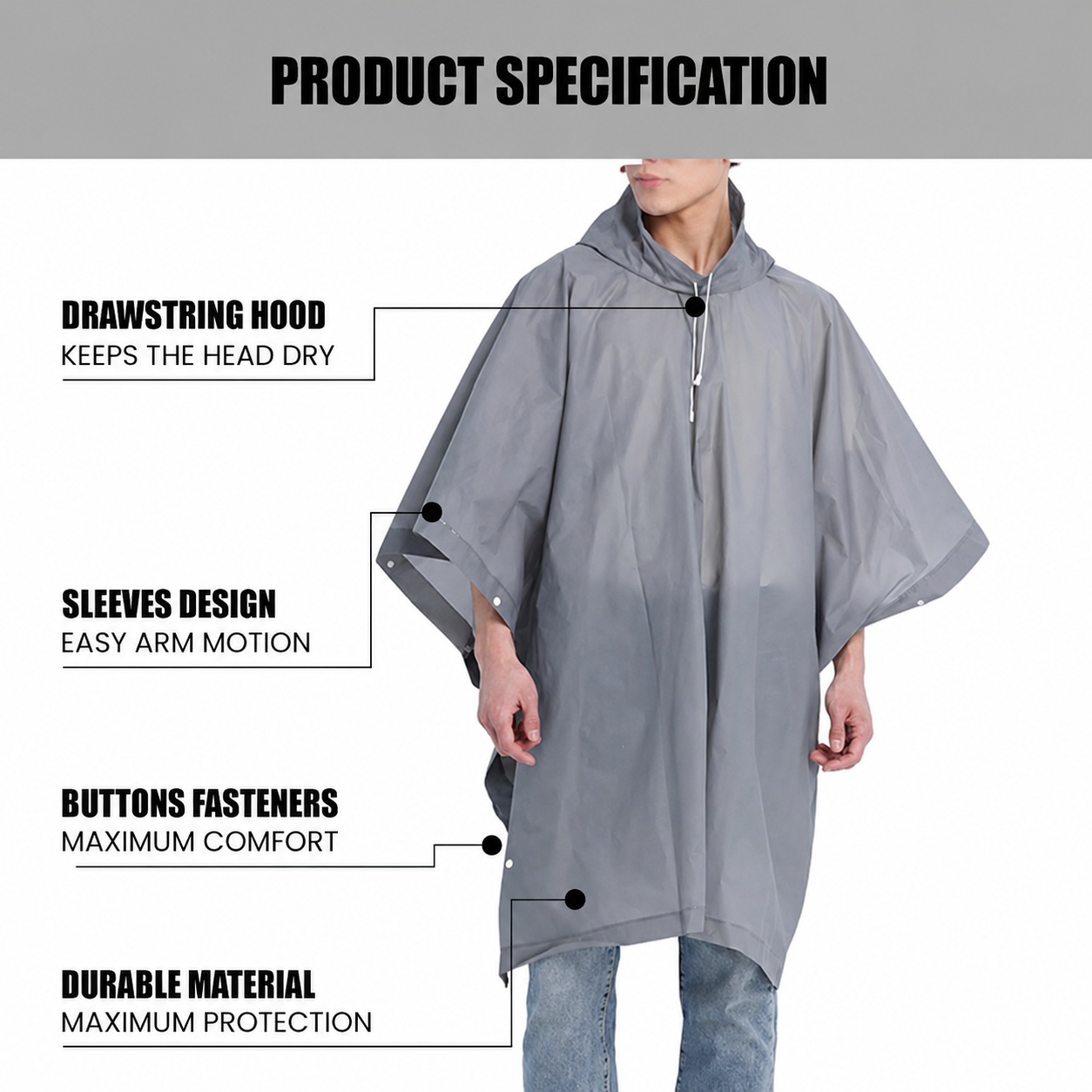 Reusable Waterproof Hooded Rain Poncho – Lightweight Unisex Rain Cape for Cycling, Hiking & Outdoor Travel (Grey)