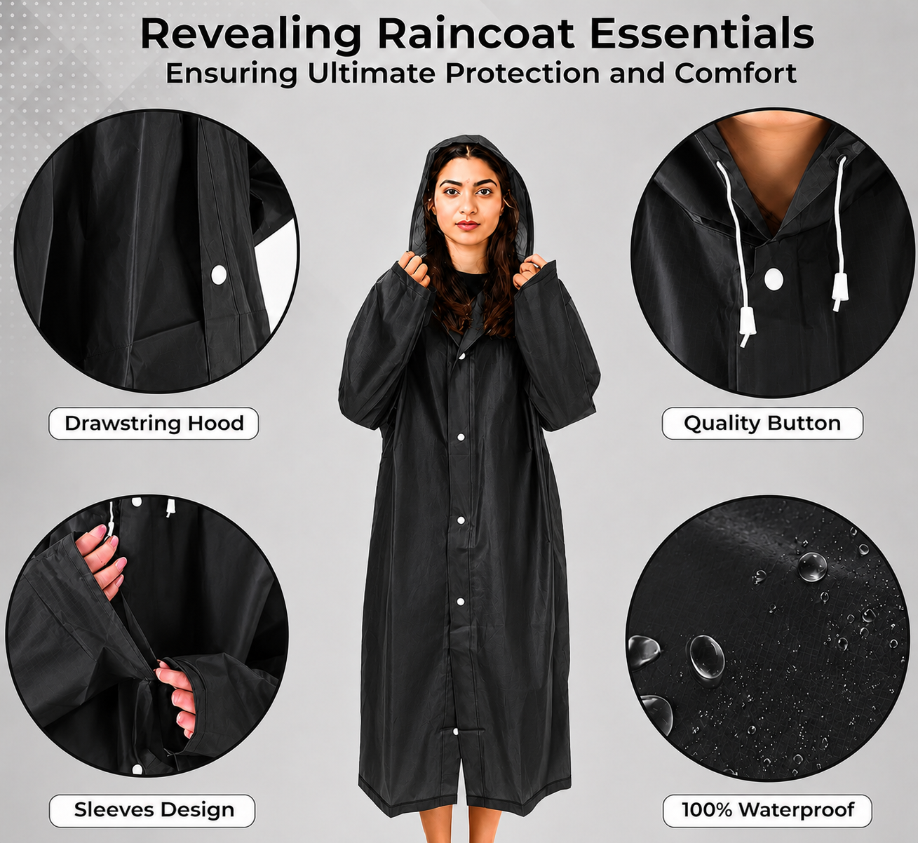 Hooded Waterproof Raincoat for Men & Women – Black | Full-Length Lightweight Rain Coat with Drawstring Hood (Free Size)