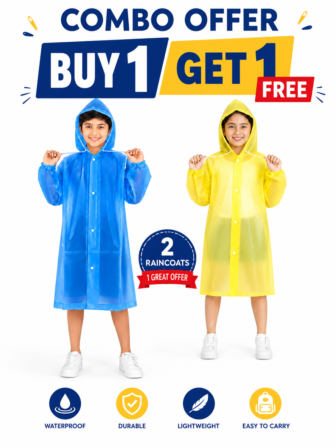 Kids Reusable EVA Raincoat Combo Pack – Blue & Yellow | Buy 1 Get 1 Free Waterproof Hooded Raincoat.