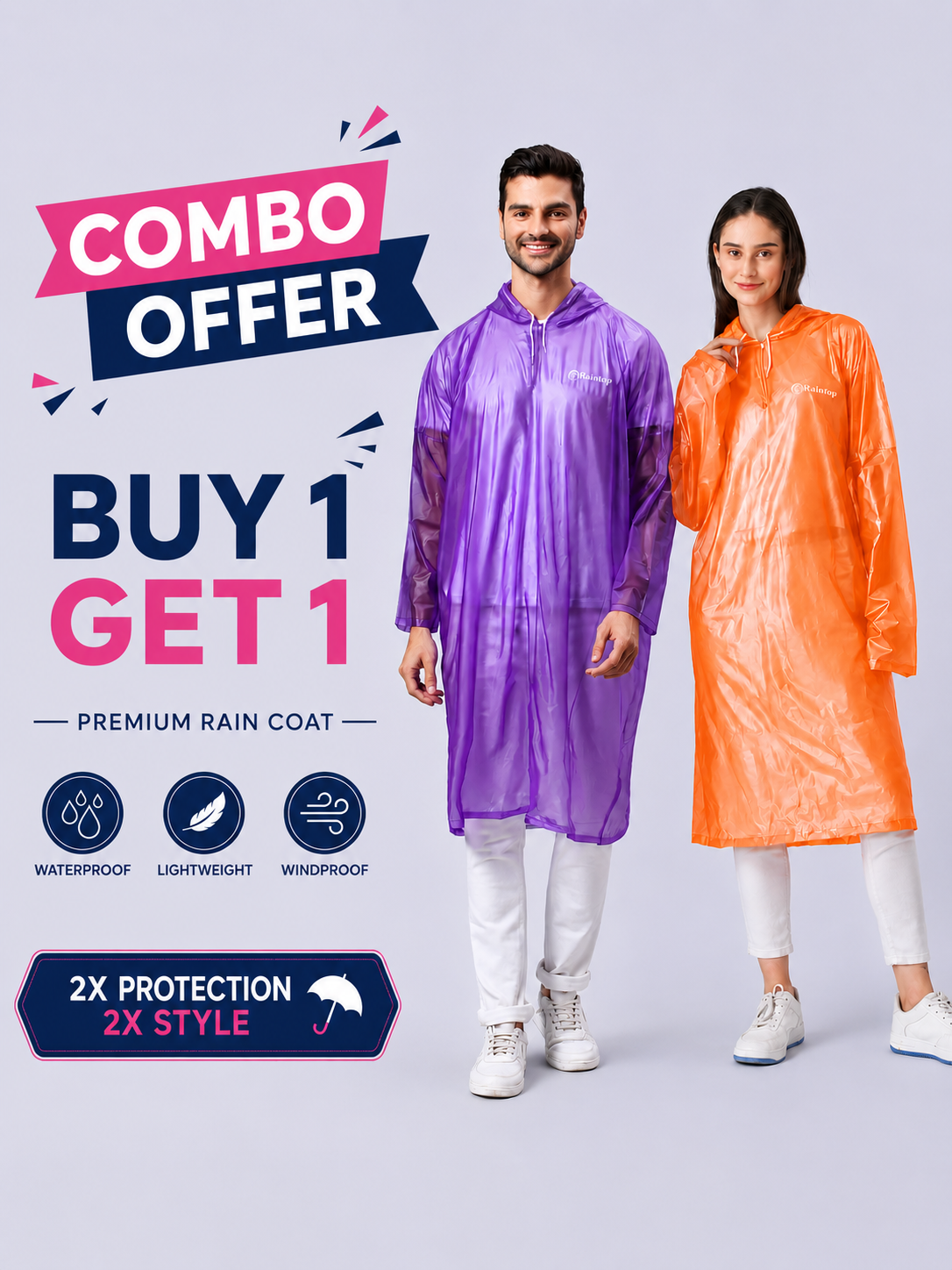 Reusable PVC Unisex Rain Poncho AZ30 – Purple & Orange Combo Offer | Buy 1 Get 1 Free Waterproof Hooded Raincoat