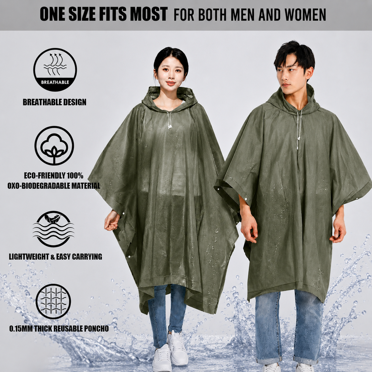 Reusable Waterproof Hooded Rain Poncho – Lightweight Unisex Rain Cape for Cycling, Hiking & Outdoor Use (Army Green)