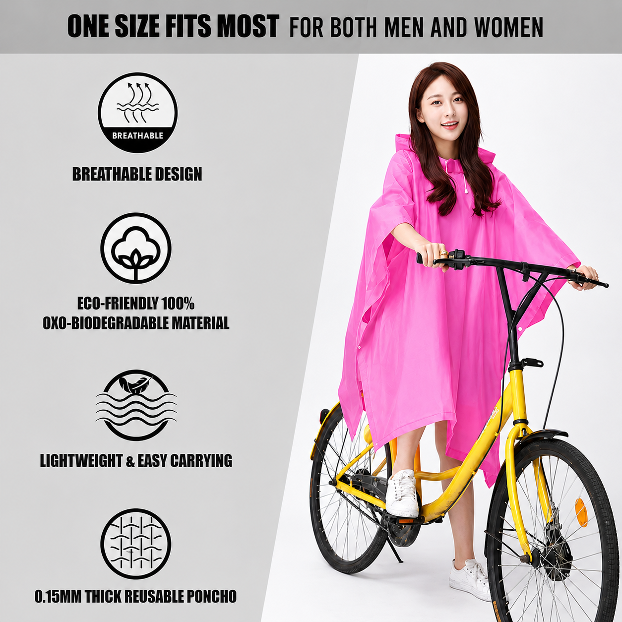 Reusable Waterproof Hooded Rain Poncho – Lightweight Unisex Rain Cape for Cycling, Hiking & Outdoor Use (Pink)