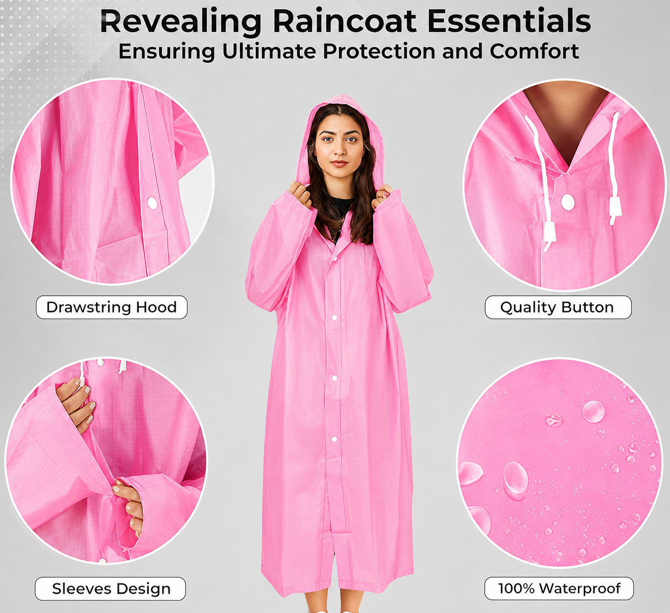 Hooded Waterproof Raincoat for Men & Women – Pink | Full-Length Lightweight Rain Coat with Drawstring Hood (Free Size)