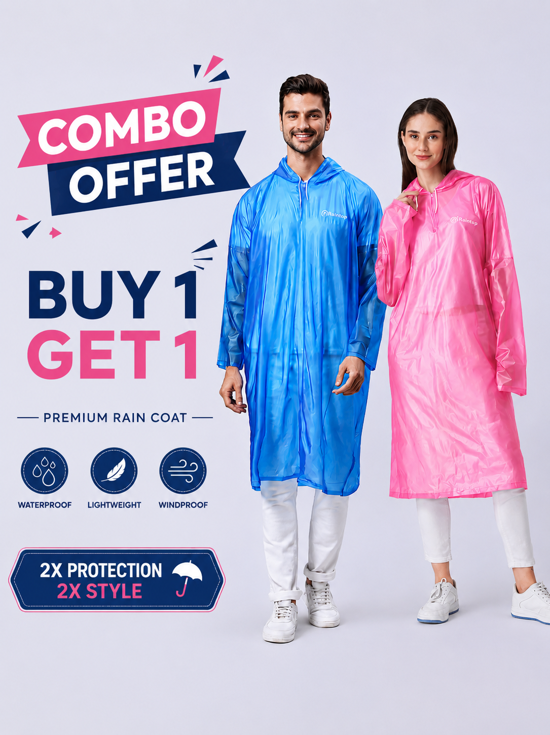 Reusable PVC Unisex Blue Rain Poncho AZ30 – Combo Offer (Buy 1 Get 1 Free) | Waterproof Hooded Raincoat