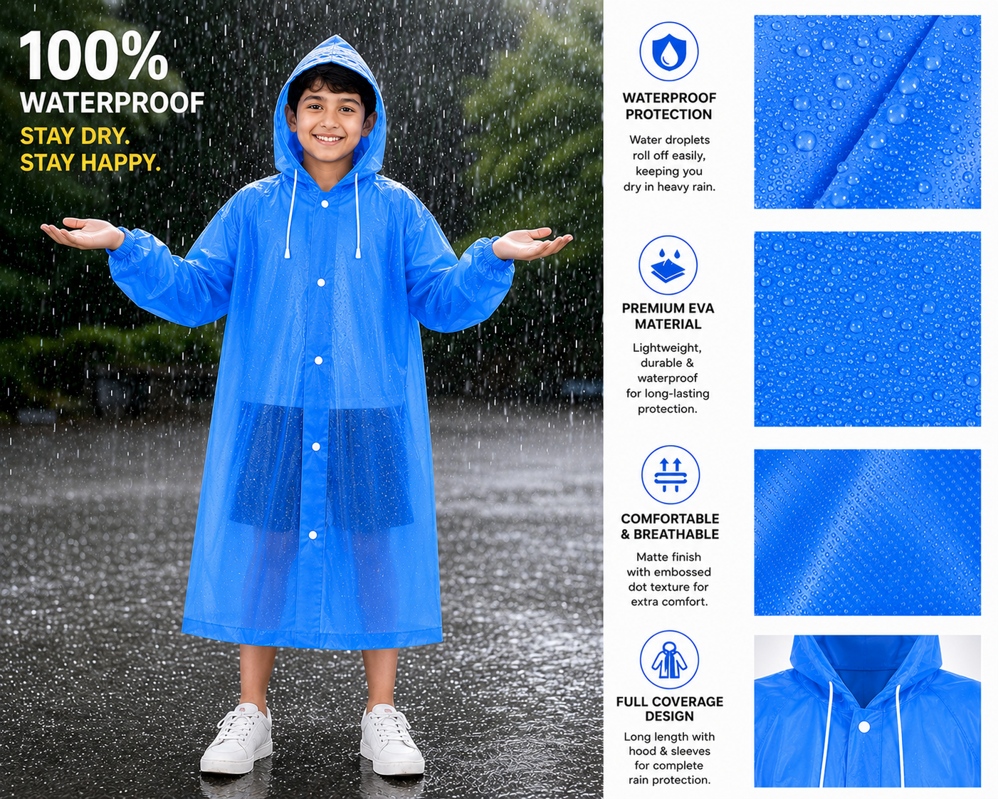 Kids Reusable EVA Raincoat Combo Pack – Blue & Yellow | Buy 1 Get 1 Free Waterproof Hooded Raincoat.