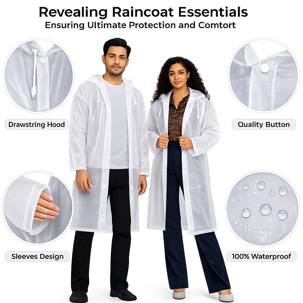 Hooded Waterproof Raincoat for Men & Women – White | Full-Length Lightweight Rain Coat with Drawstring Hood (Free Size)