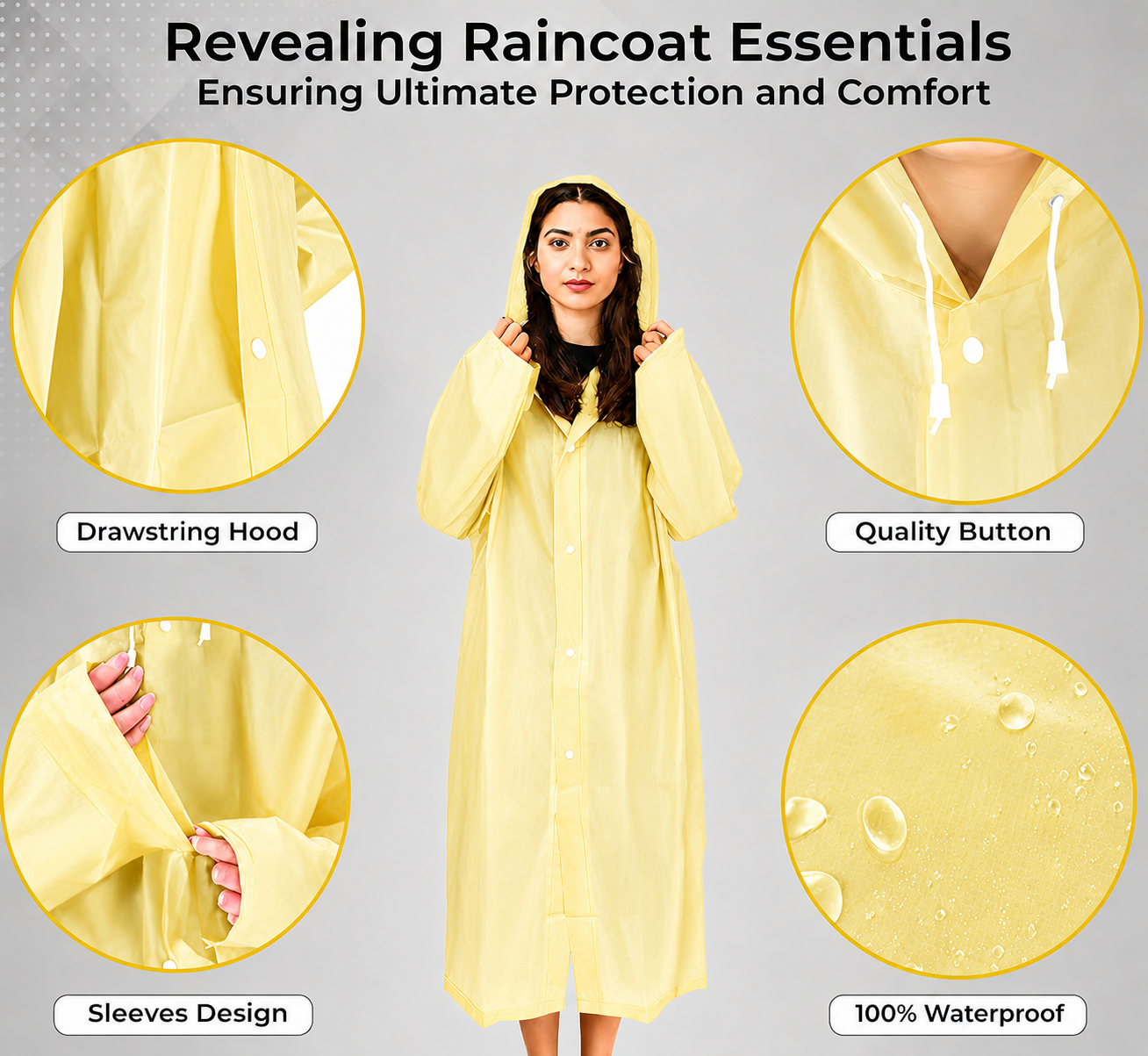 Hooded Waterproof Raincoat for Men & Women – Yellow | Full-Length Lightweight Rain Coat with Drawstring Hood (Free Size)