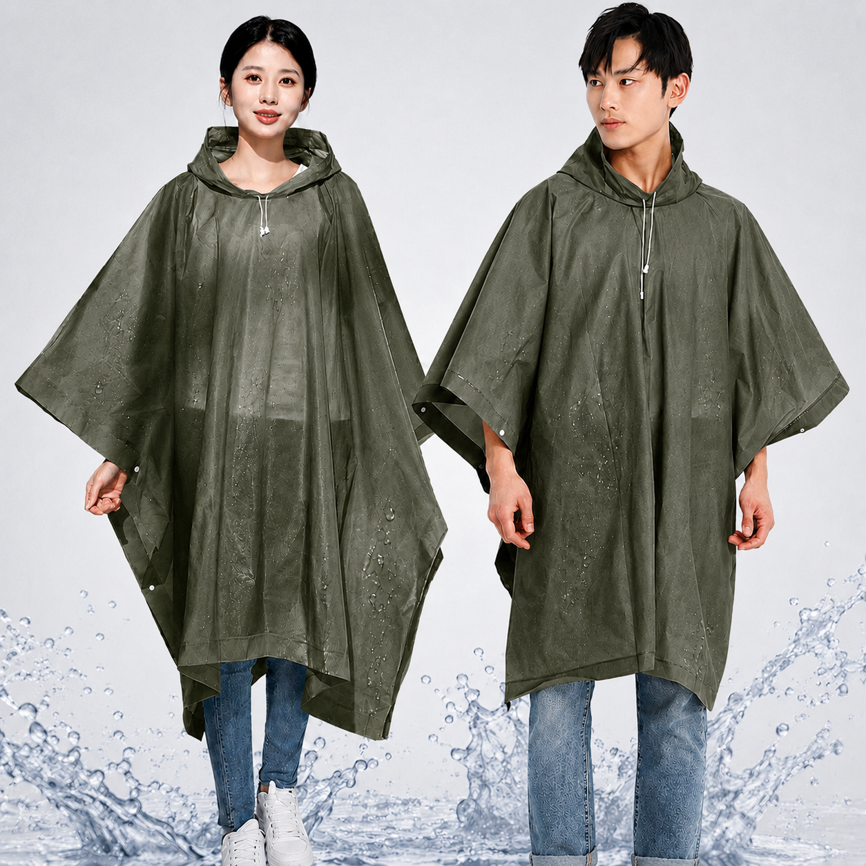 Reusable Waterproof Hooded Rain Poncho – Lightweight Unisex Rain Cape for Cycling, Hiking & Outdoor Use (Army Green)