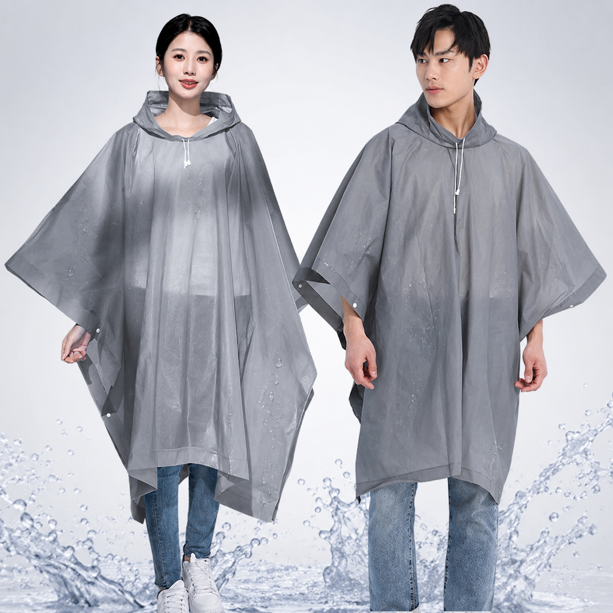 Reusable Waterproof Hooded Rain Poncho – Lightweight Unisex Rain Cape for Cycling, Hiking & Outdoor Travel (Grey)