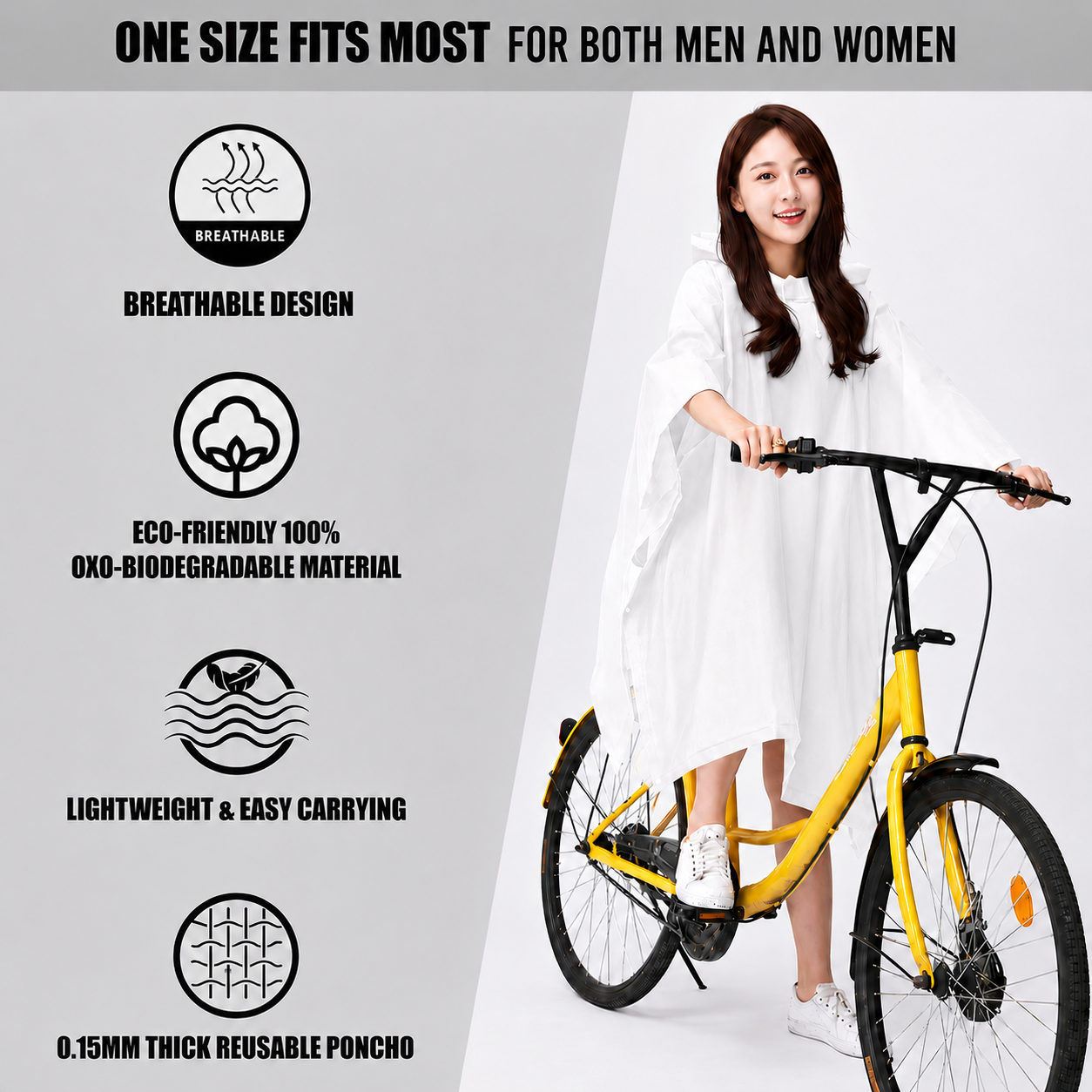 Reusable Waterproof Hooded Rain Poncho – Lightweight Unisex Rain Cape for Cycling, Hiking & Outdoor Use (White)
